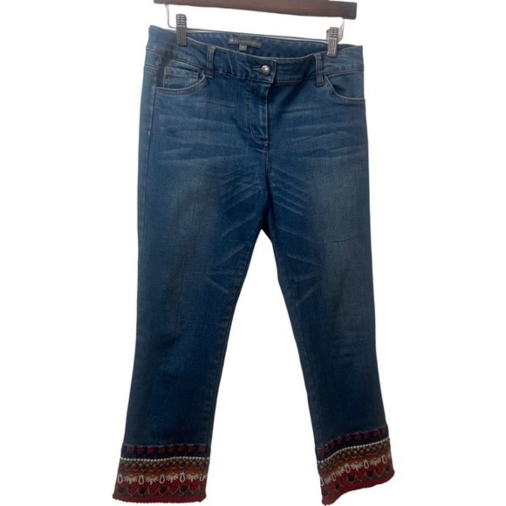 Elliott Lauren Boho Blue Denim Stretch Cropped Red Embroidered Bottoms Jeans